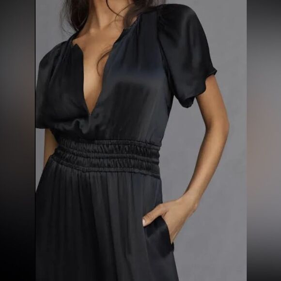 Anthropologie Large The Somerset Wide Leg Jumpsuit Satin Black - Picture 2 of 8